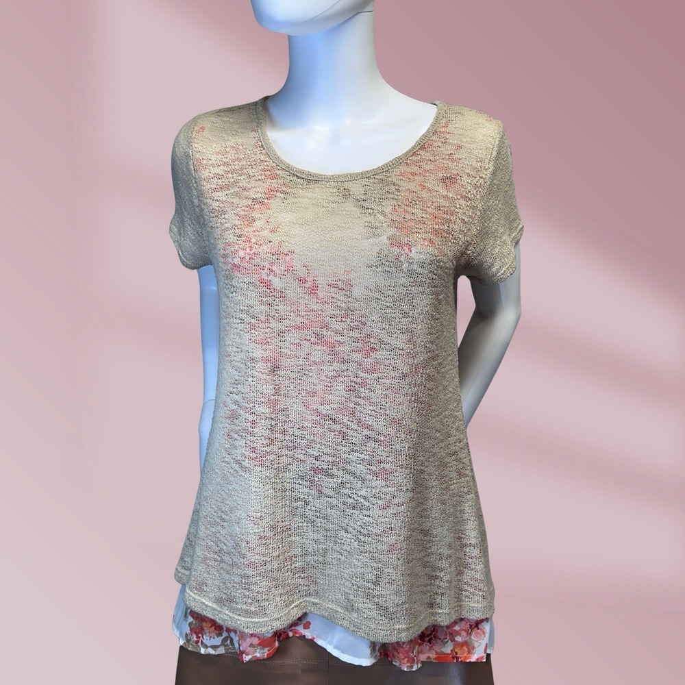 DressBarn Womens Mesh Sweater Over Floral Top Fun Stylish Color Pop Sz Medium
